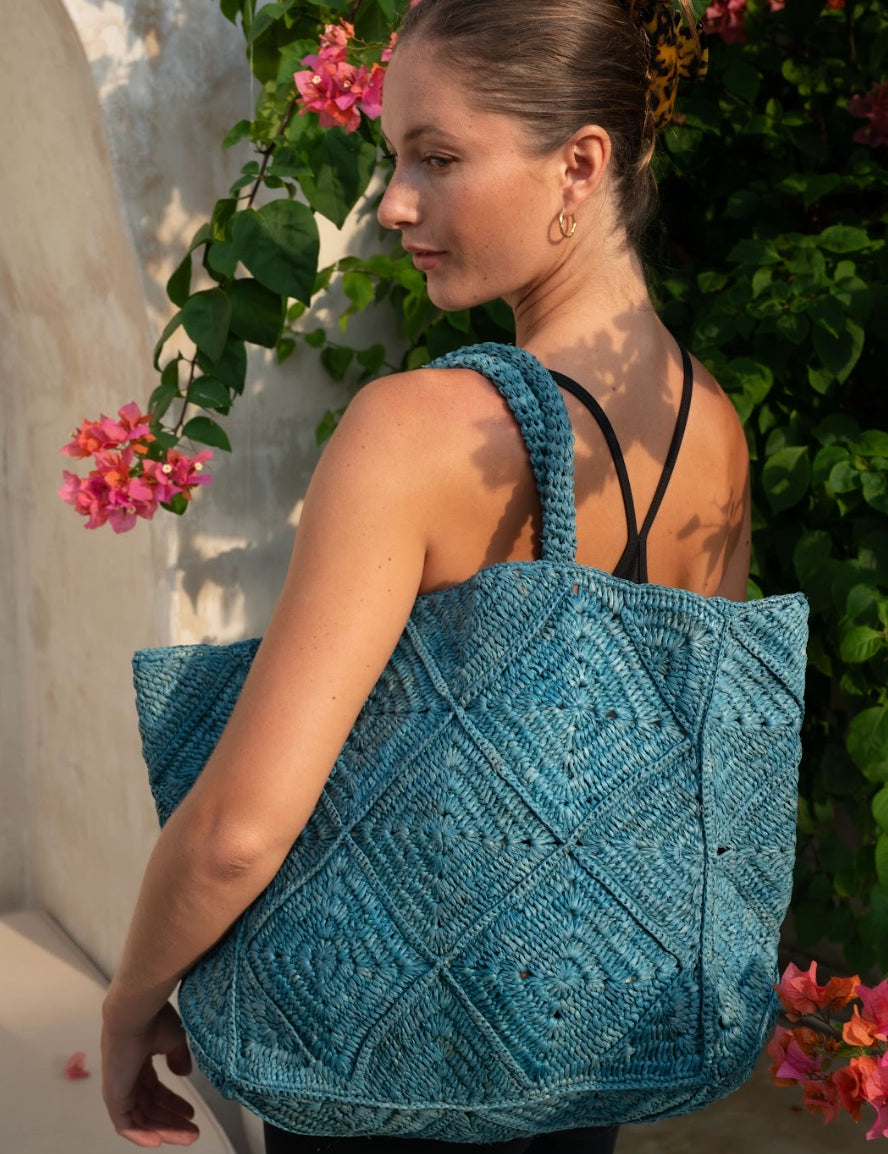 Nico Raffia Tote Bag - Blue Denim