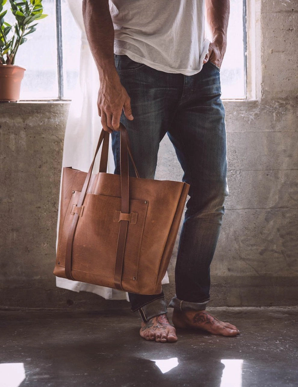 Full-Grain Leather Large Tote Bag - Tan