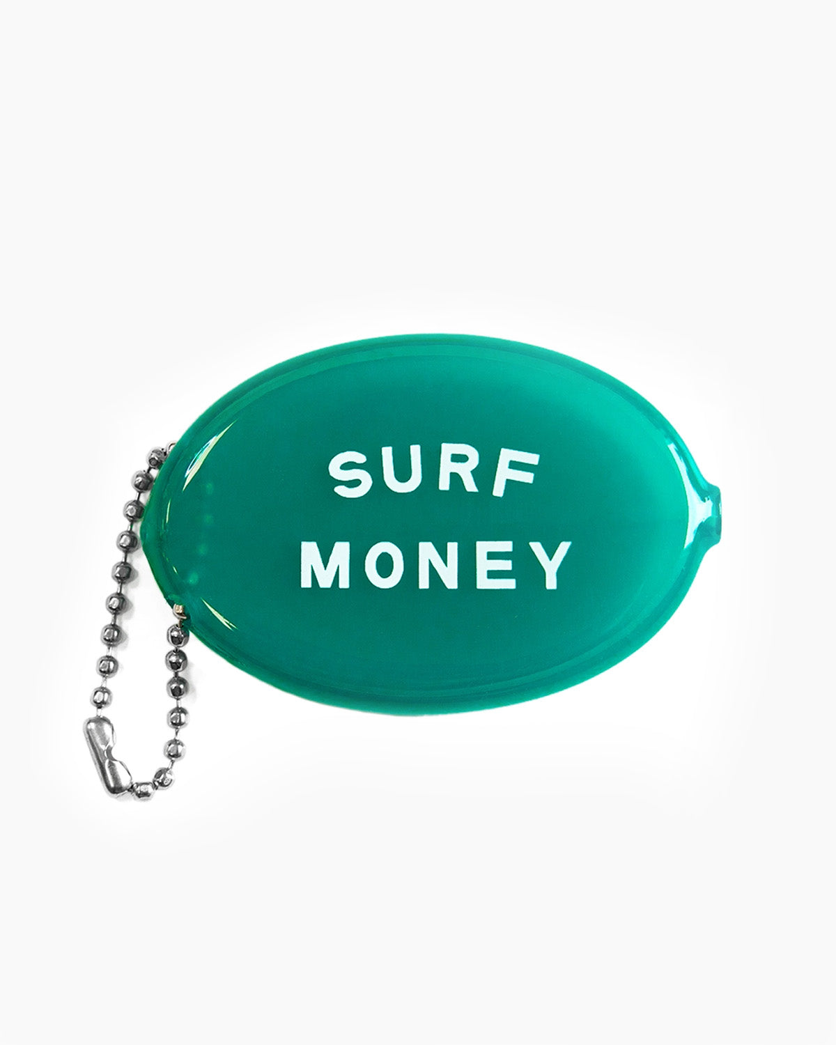 Green pouch with 'SURF MONEY' text and metal chain on a white background