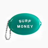 Green pouch with 'SURF MONEY' text and metal chain on a white background