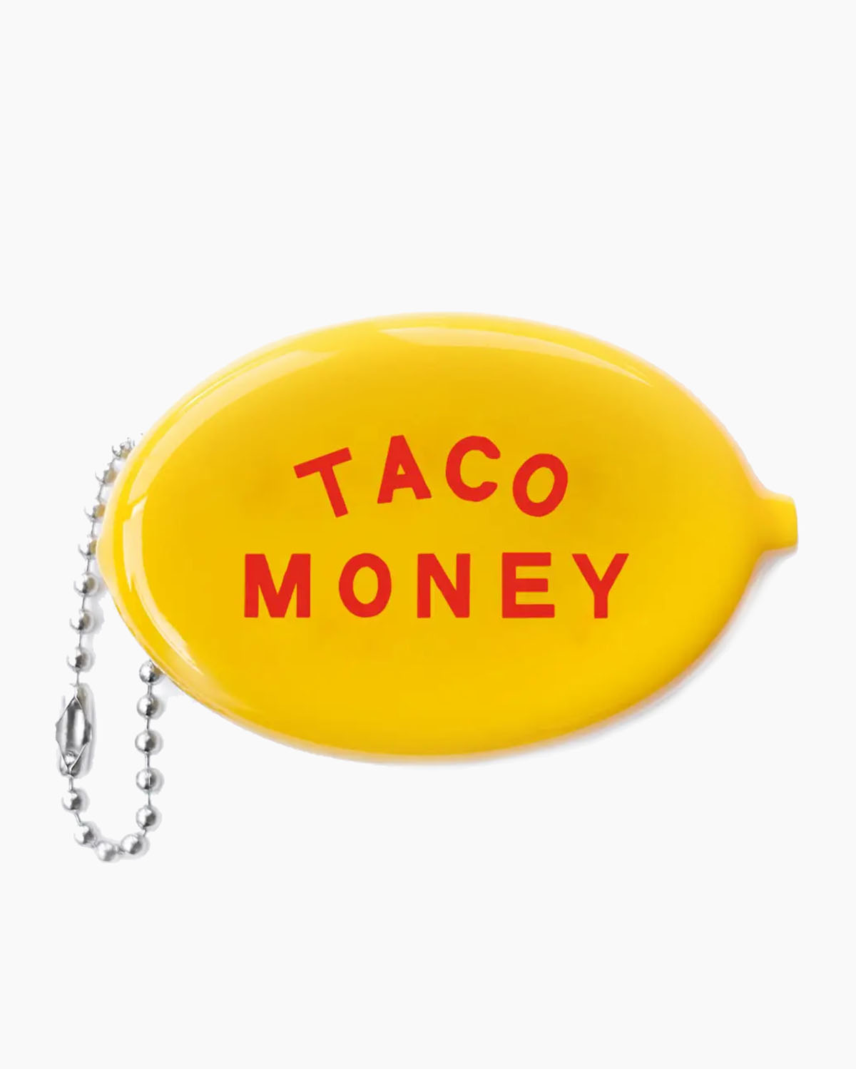 Yellow keychain with 'TACO MONEY' text on a white background