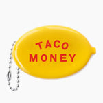 Yellow keychain with 'TACO MONEY' text on a white background