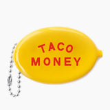 Yellow keychain with 'TACO MONEY' text on a white background