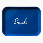 Blue tray with 'Snacks' text on a white background