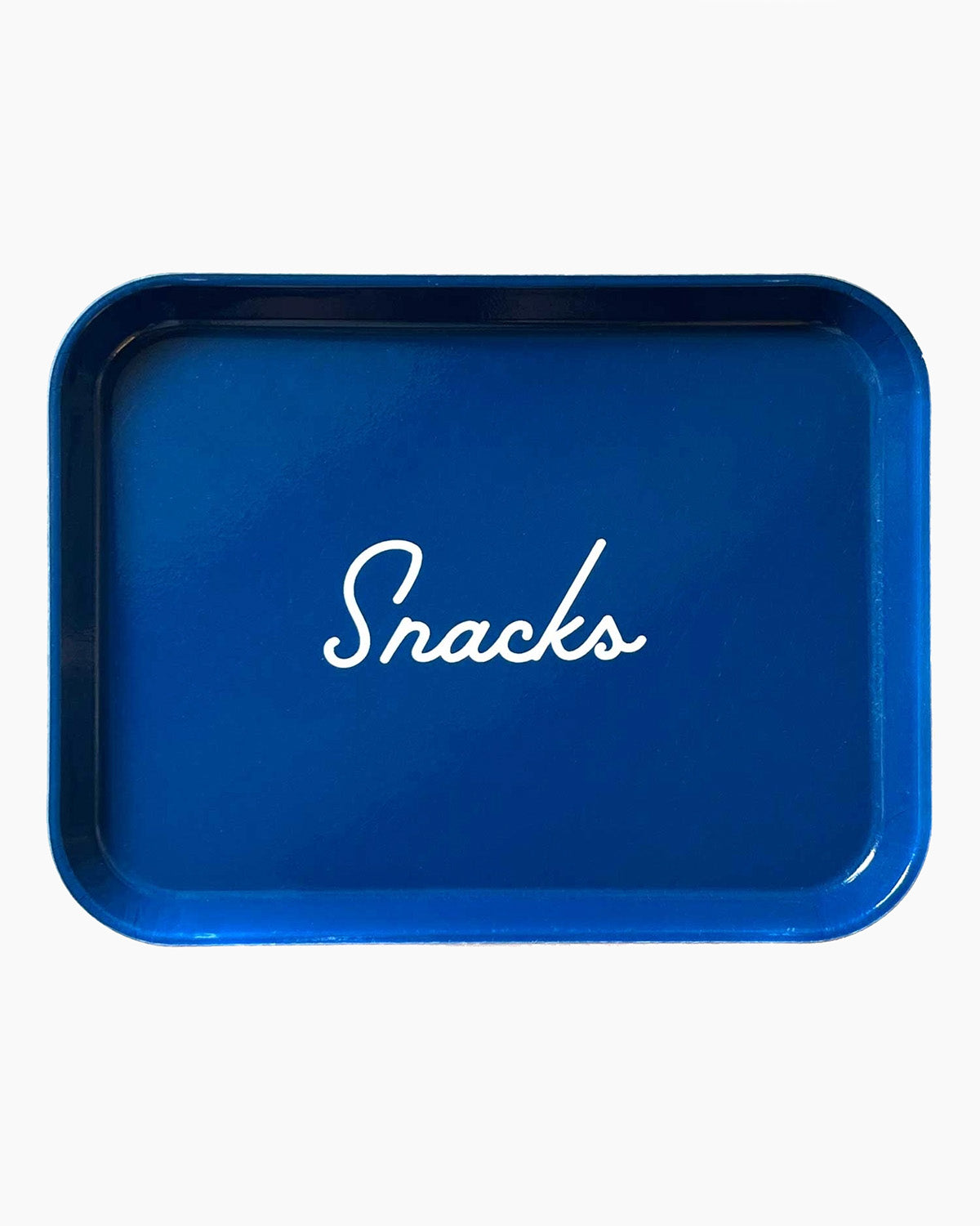 Blue tray with 'Snacks' text on a white background