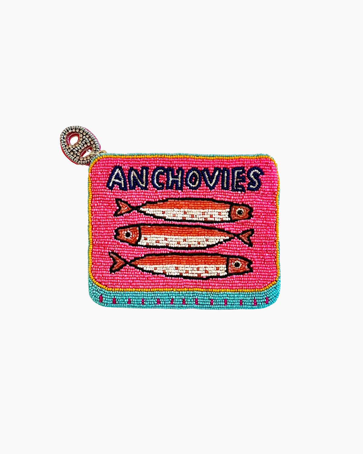 Beaded pouch with 'Anchovies' text and fish illustrations on a pink background