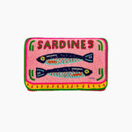 Embroidered patch of sardines in a pink can on a white background