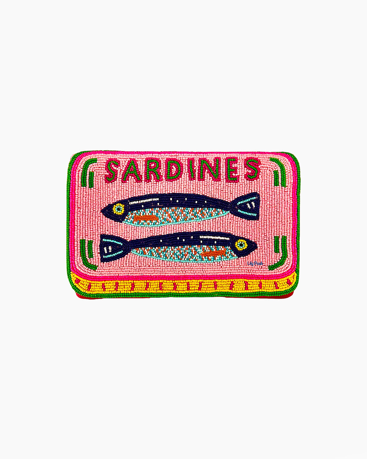 Embroidered patch of sardines in a pink can on a white background