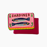 Embroidered pouch with 'Sardines' design on a pink background