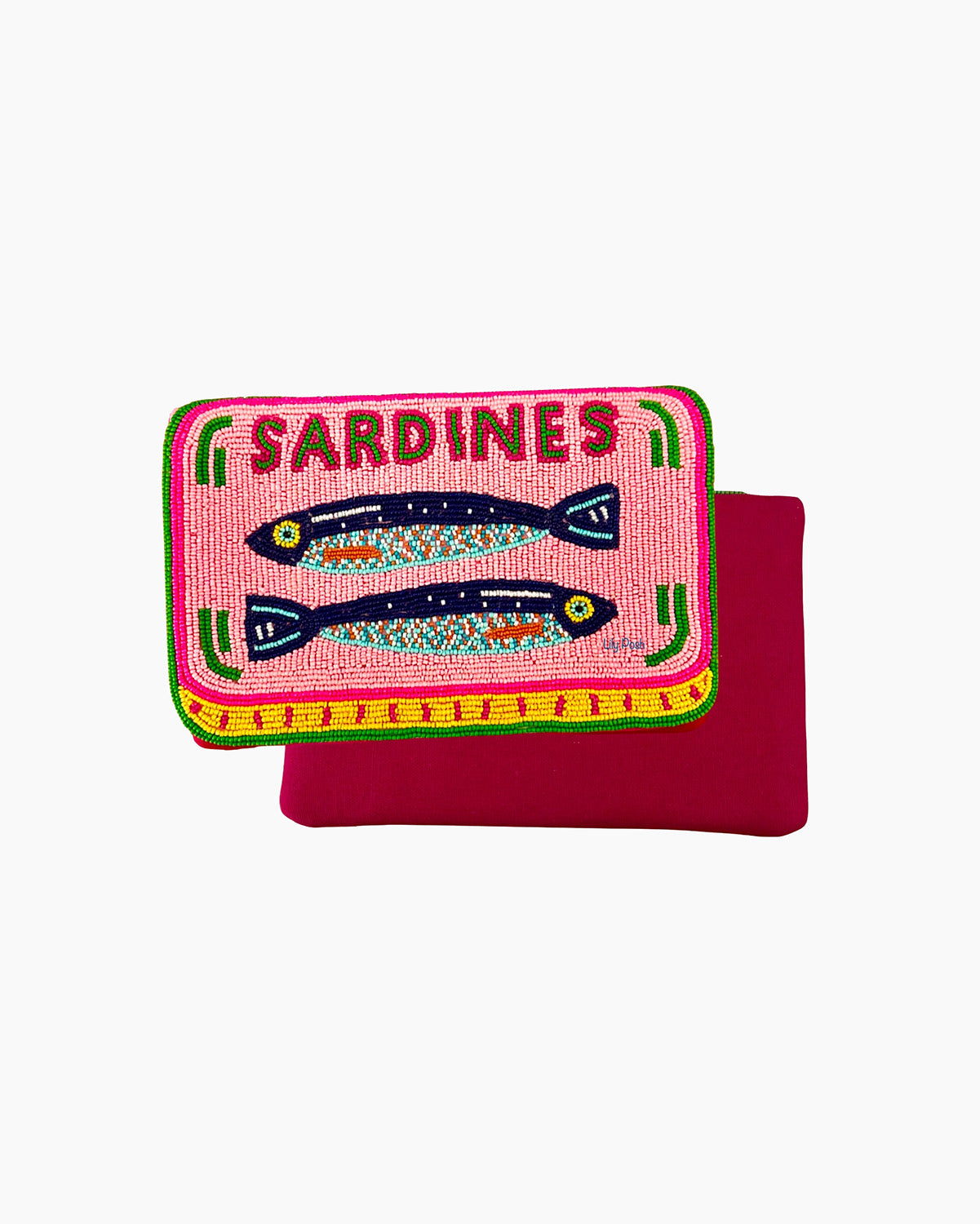 Embroidered pouch with 'Sardines' design on a pink background
