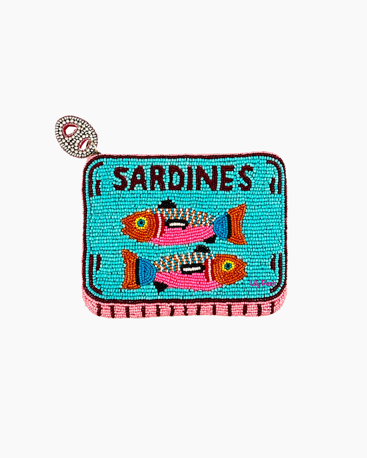 Beaded pouch with 'Sardines' text and fish illustration on a white background