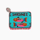 Beaded pouch with 'Sardines' text and fish illustration on a white background