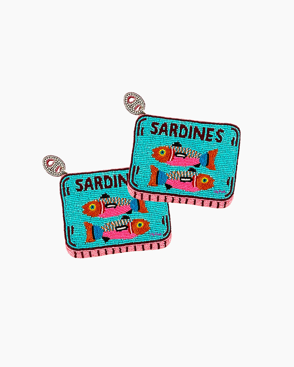 Pair of beaded earrings shaped like sardine tins with colorful fish illustration on a white background
