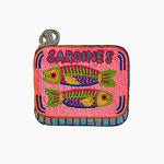 Beaded pouch with fish design and 'Sardines' text on a white background