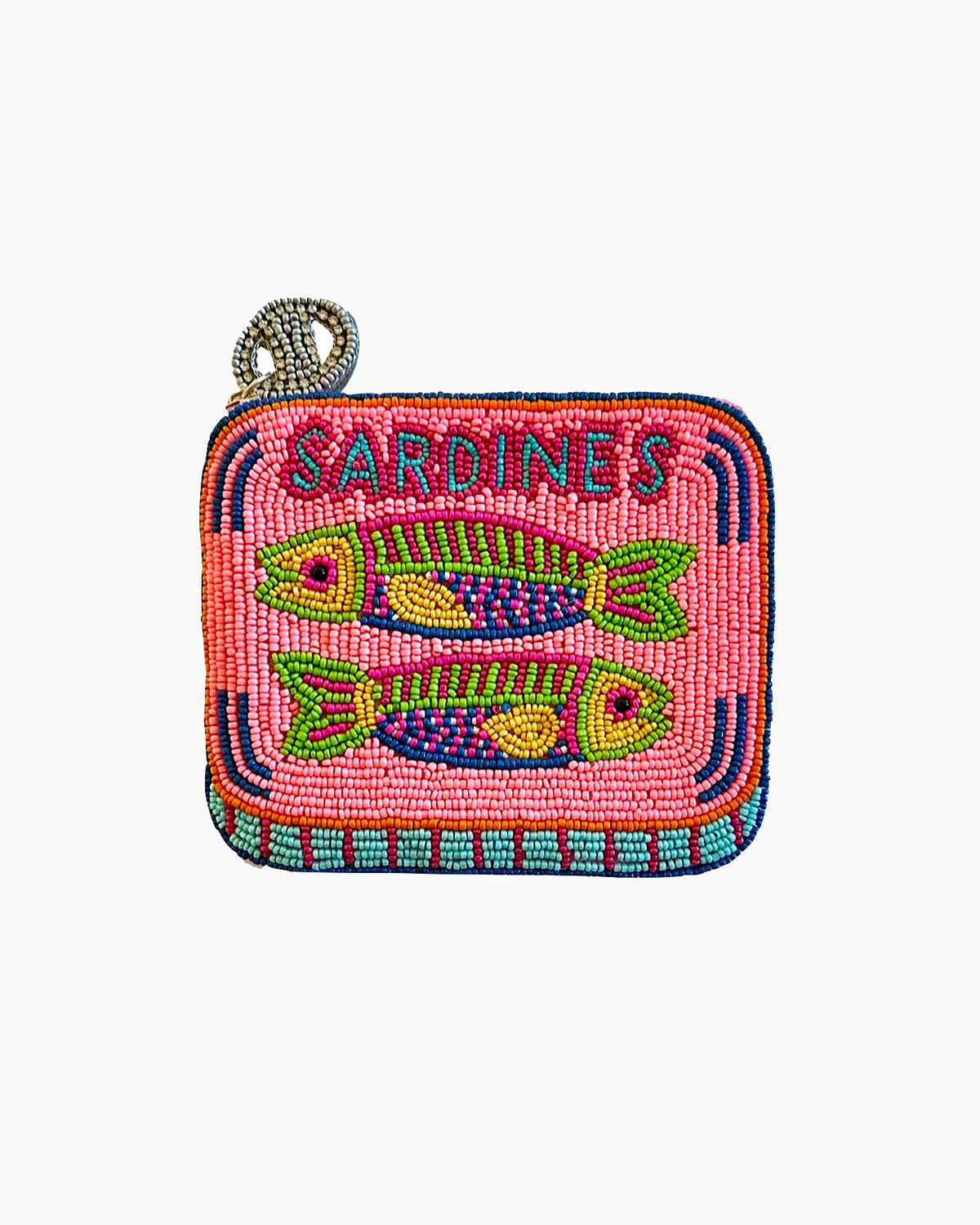 Beaded pouch with fish design and 'Sardines' text on a white background