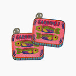 Colorful 'Sardines' pouches with fish illustrations on a white background