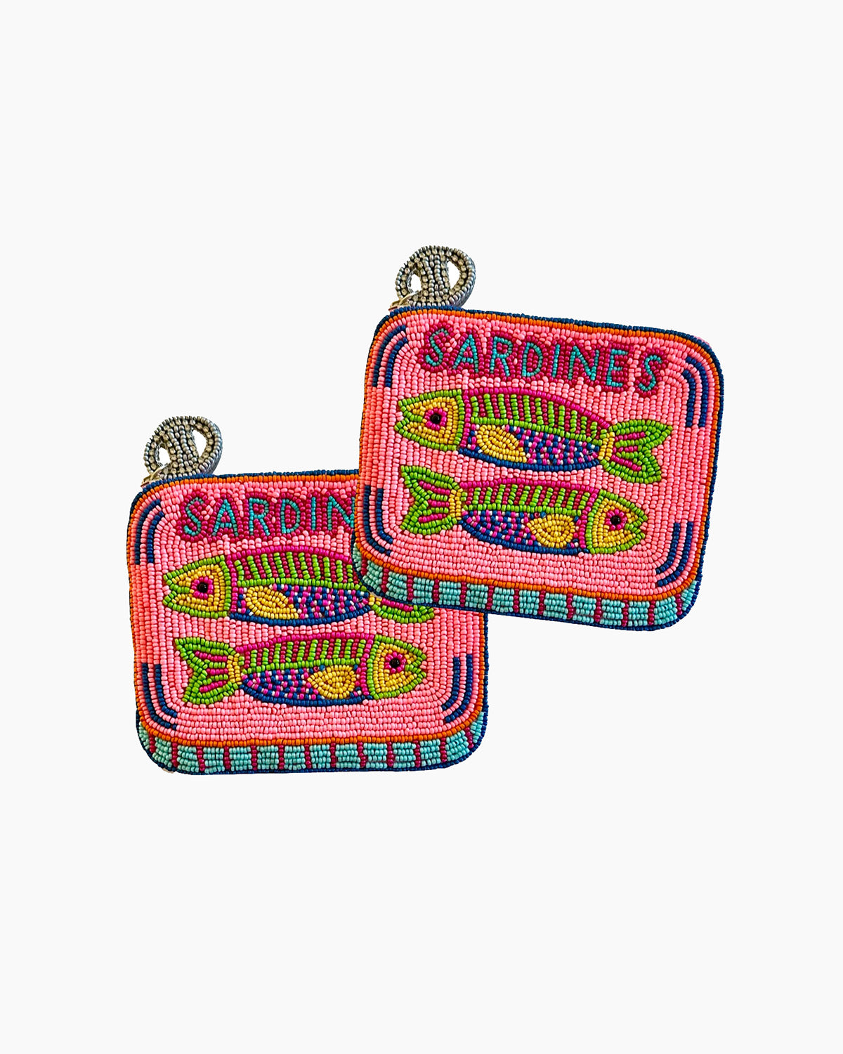 Colorful 'Sardines' pouches with fish illustrations on a white background