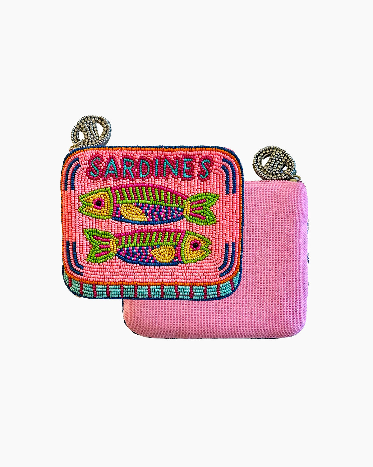 Pink pouch with embroidered design and 'Sardines' text on a white background
