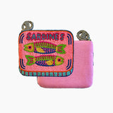 Pink pouch with embroidered design and 'Sardines' text on a white background