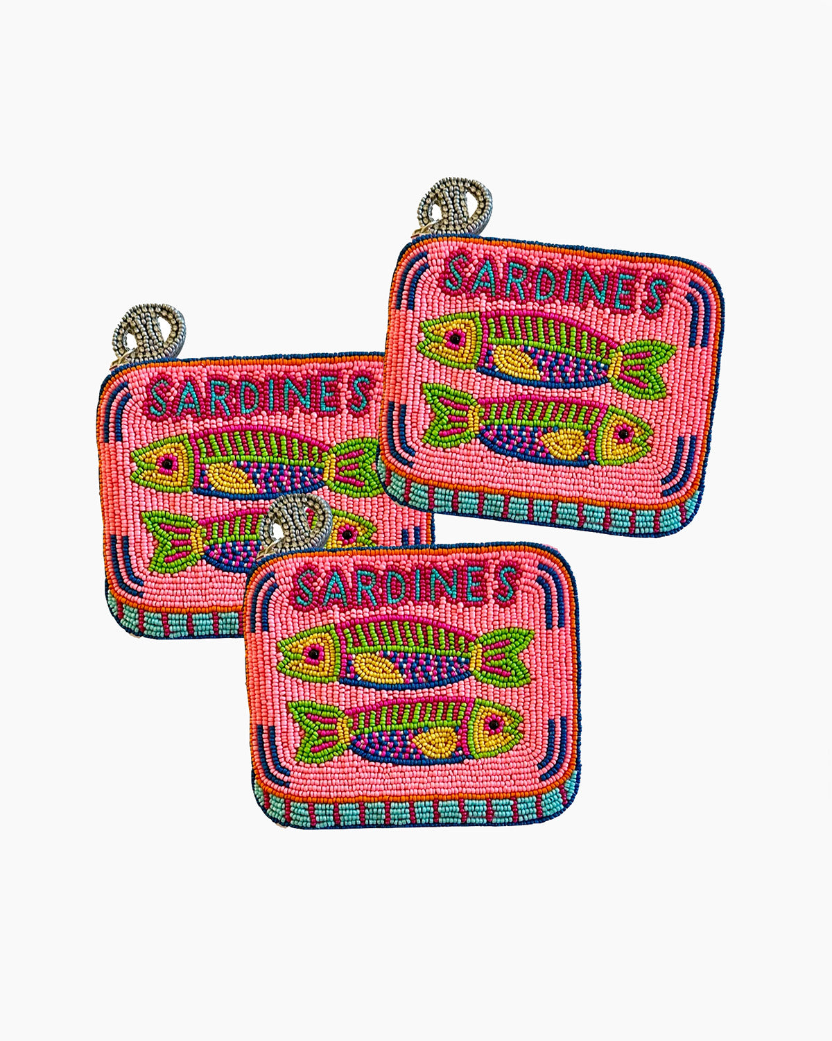 Three pink coasters with fish illustrations and 'Sardines' text on a white background