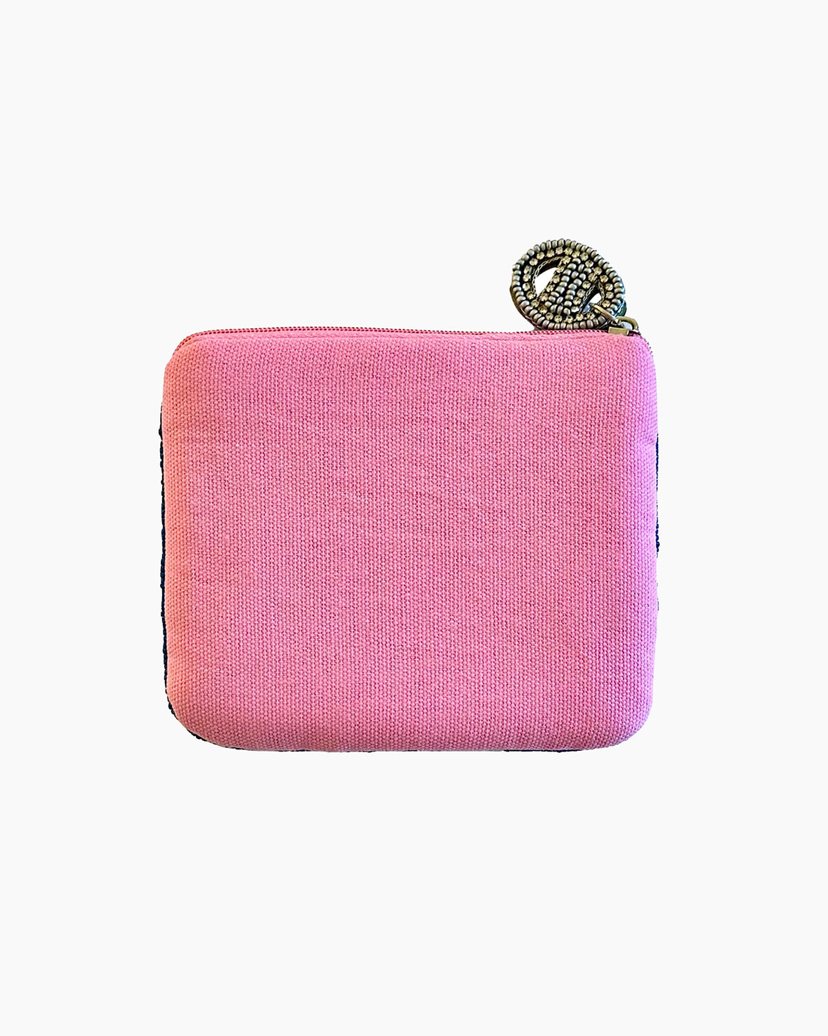 Pink fabric pouch with a zipper on a white background
