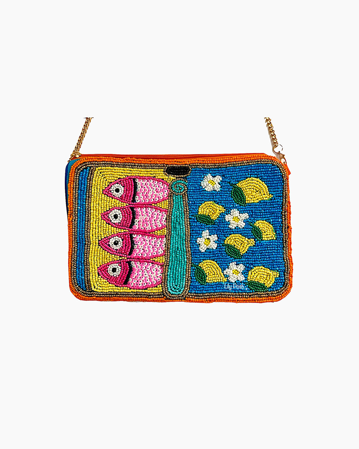 Colorful beaded purse with fish and floral design on a white background