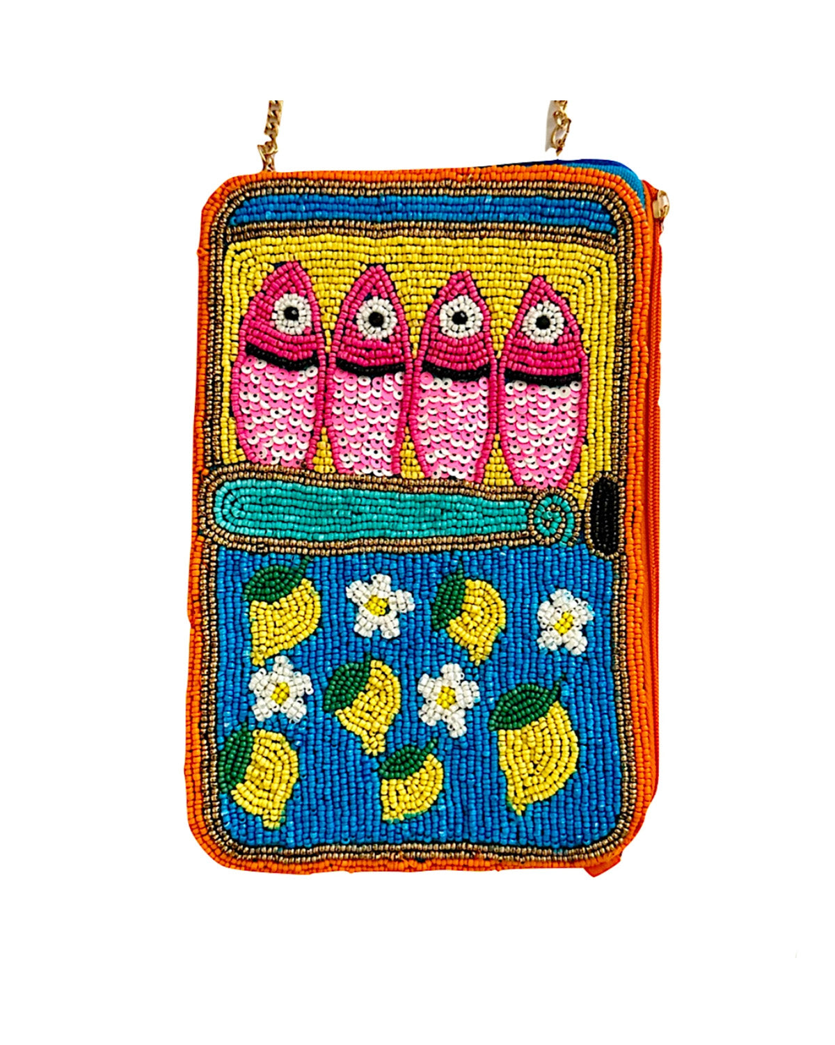 Colorful beaded purse with fish and lemon design on a white background