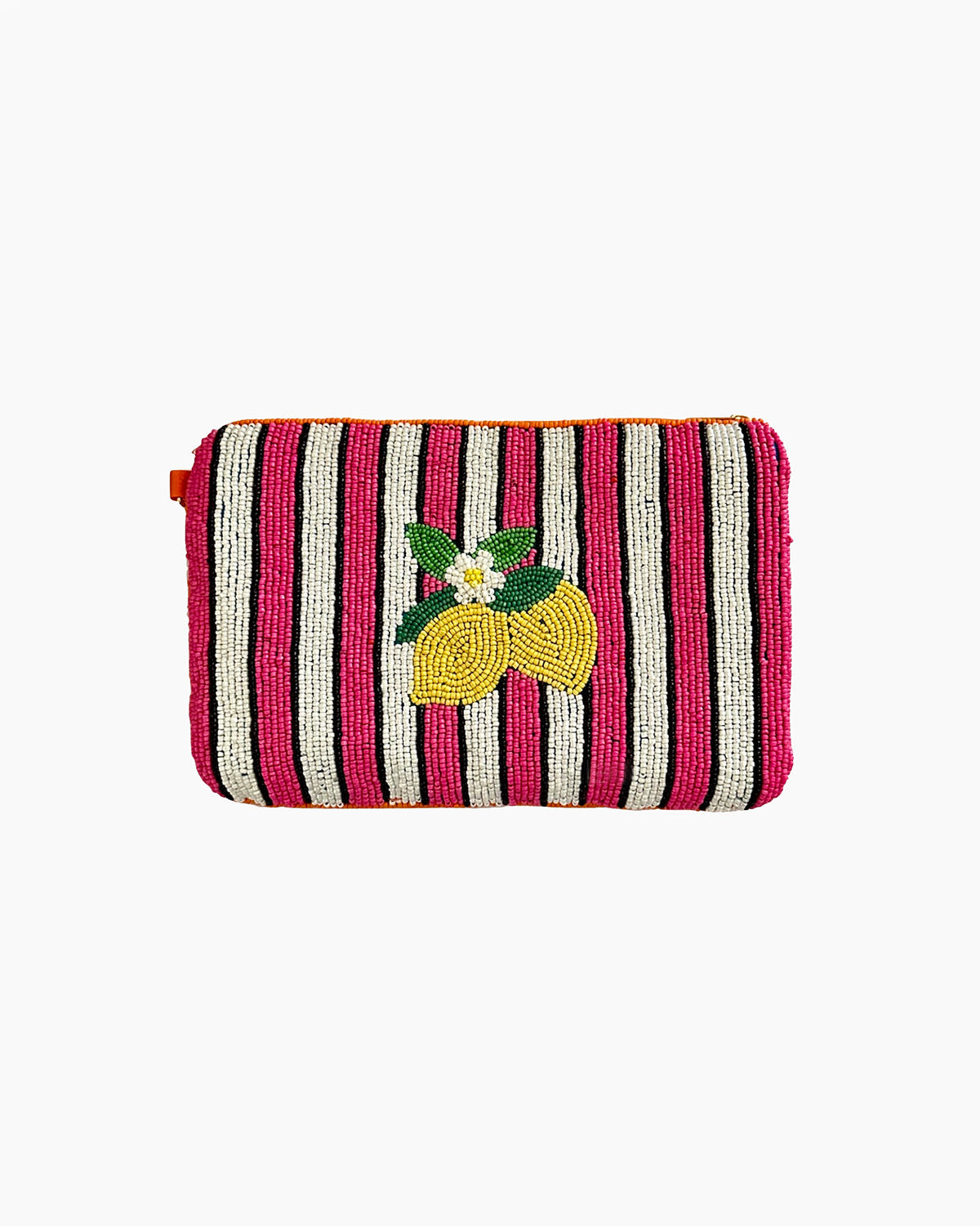 Striped clutch bag with lemon design on a white background