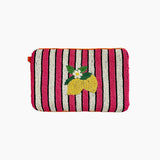 Striped clutch bag with lemon design on a white background