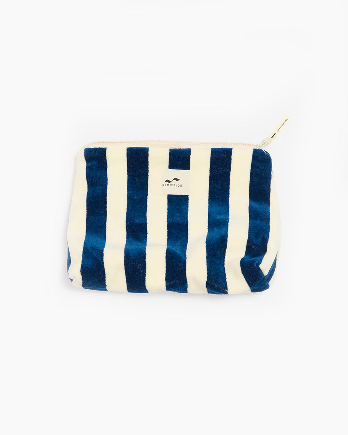 Blue and white striped pouch with a brand logo on a white background