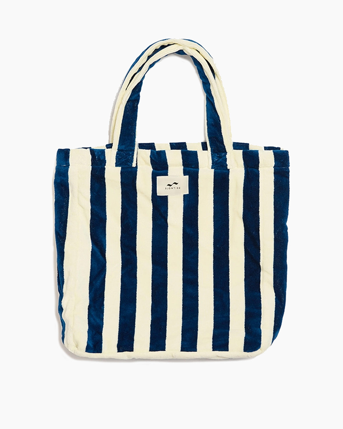 Blue and white striped tote bag on a white background