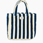 Blue and white striped tote bag on a white background