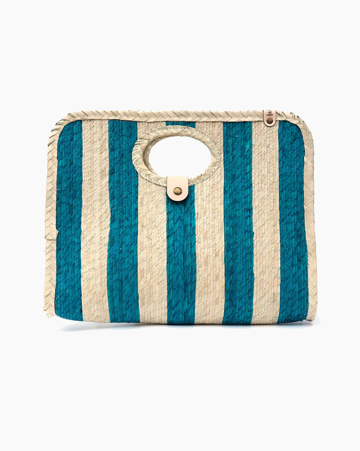 Palm fiber woven teal and tan striped bag on a white background