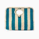 Palm fiber woven teal and tan striped bag on a white background