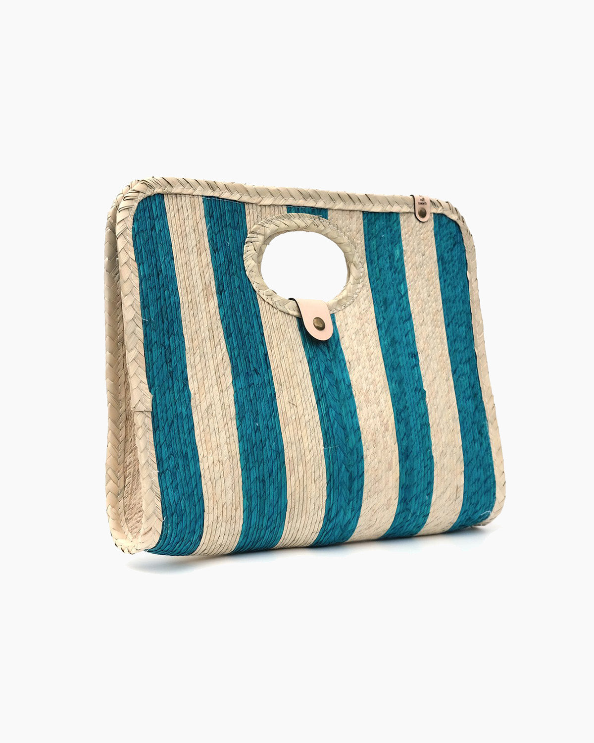 Palm fiber woven teal and tan striped bag angled on a white background