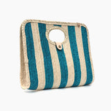 Palm fiber woven teal and tan striped bag angled on a white background