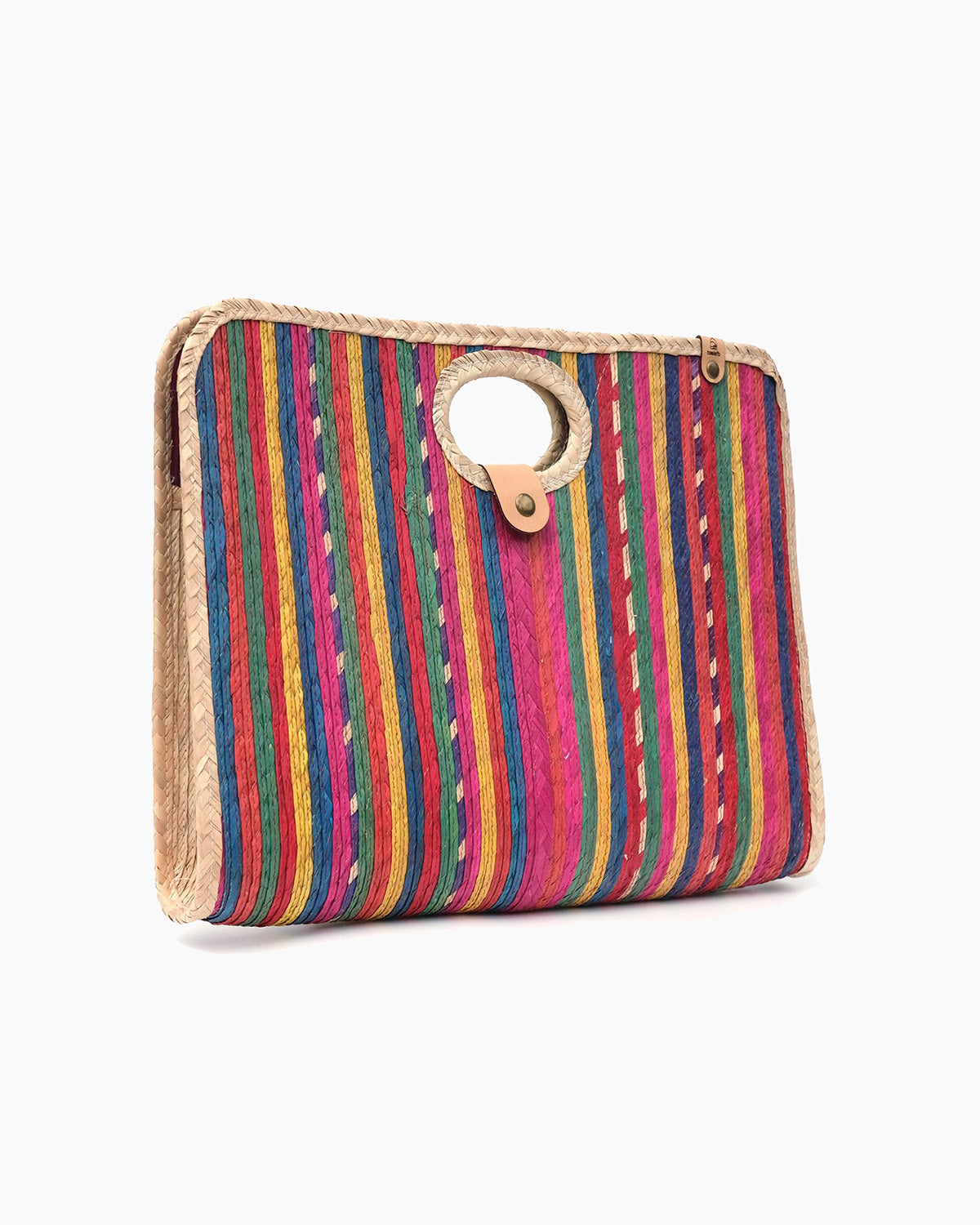 Palm fiber woven red fiesta bag angled on a white background