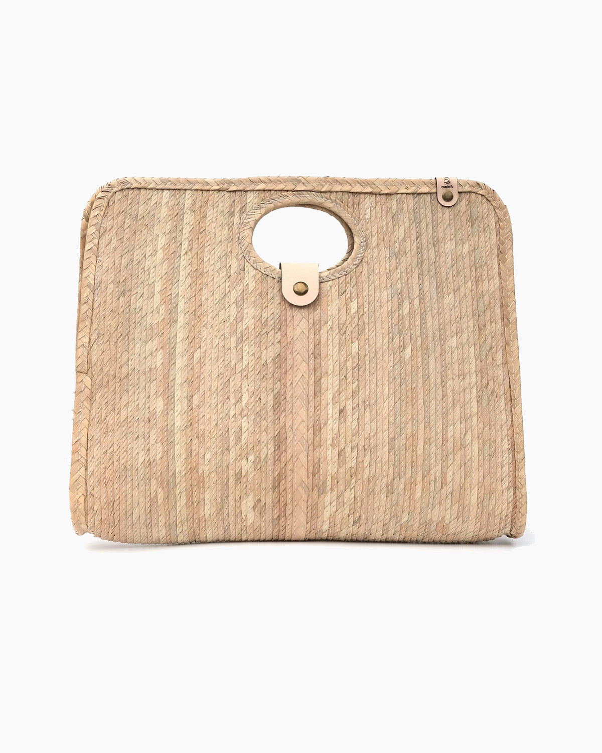 Palm fiber woven tan bag on a white background