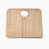 Palm fiber woven tan bag on a white background