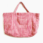 Red and white striped tote bag on a white background