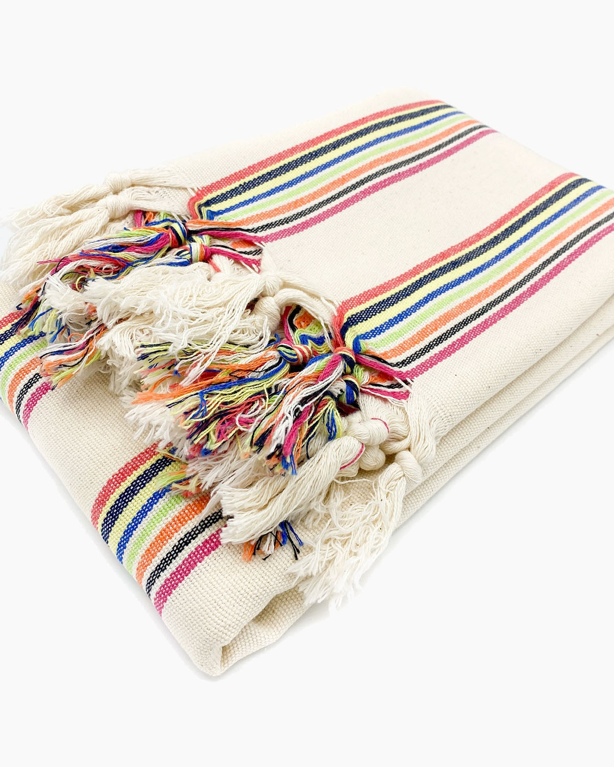 Striped blanket with colorful tassels on a white background