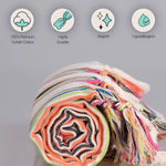 Colorful fabric roll with attributes labeled on a gray background