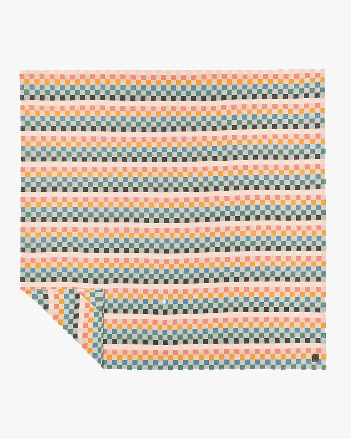 Colorful patterned blanket with geometric design on a white background