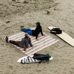 Two people sitting on a colorful blanket on a sandy beach with surfboards nearby