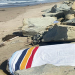 Beach scene with a towel featuring a colorful pattern on rocks near the water