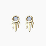 Gold sun-shaped earrings with gemstones on a white background