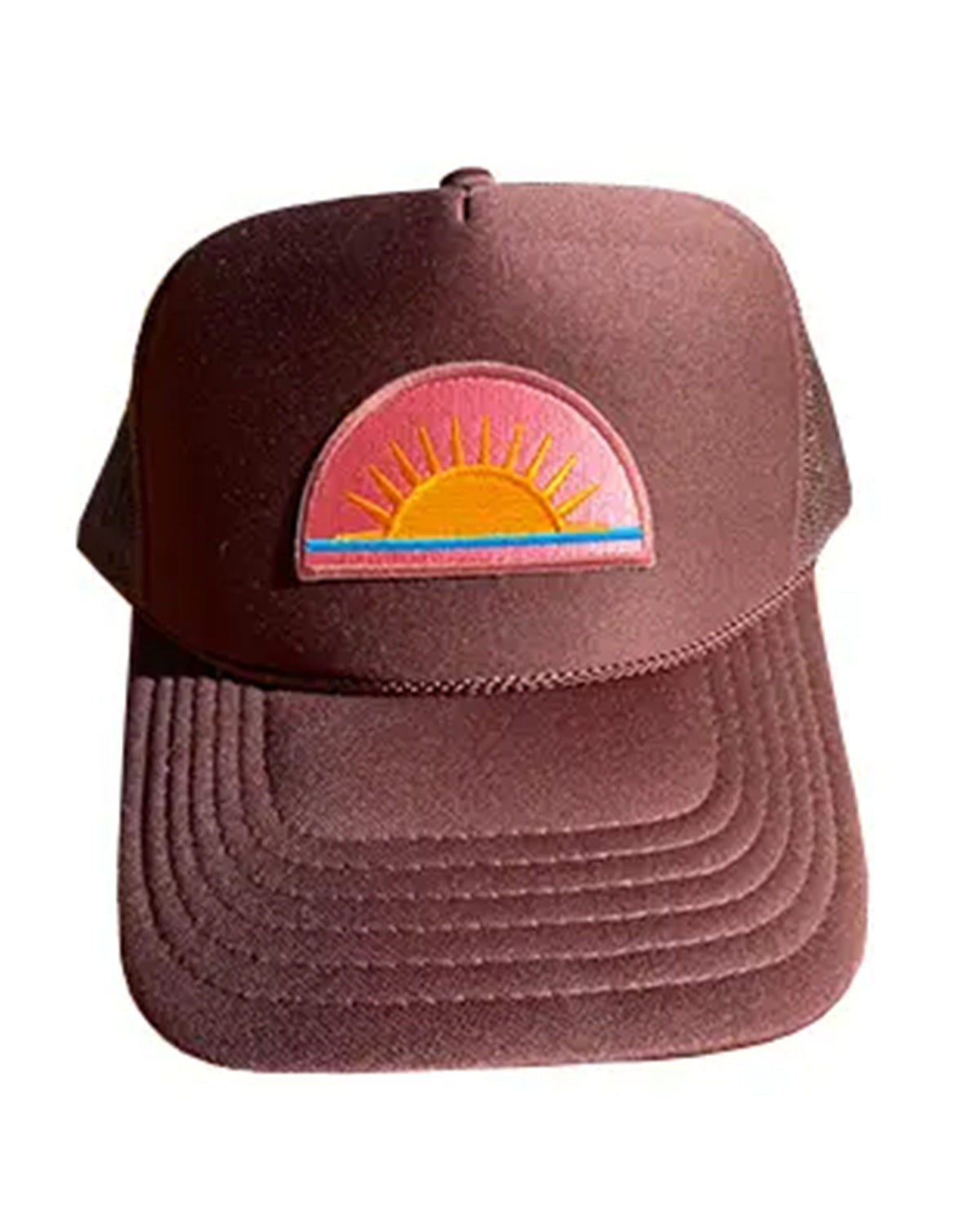 Brown cap with a colorful sun emblem on a white background