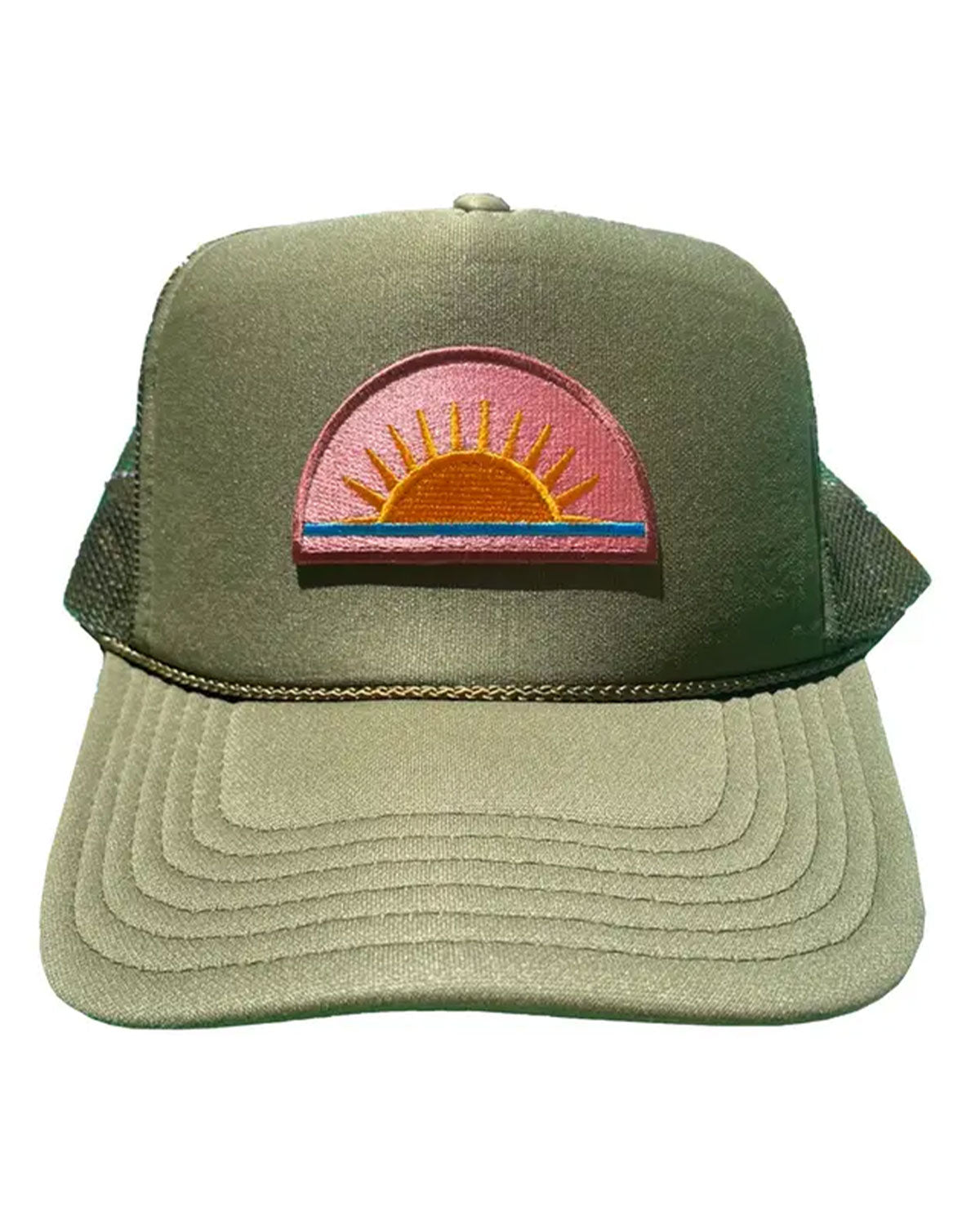 Green trucker cap with a pink and orange sunset patch on a white background