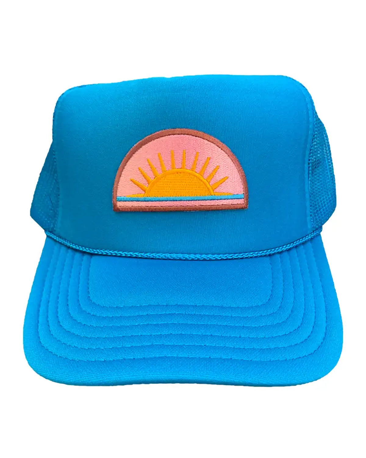 Blue cap with a colorful sun design on a white background