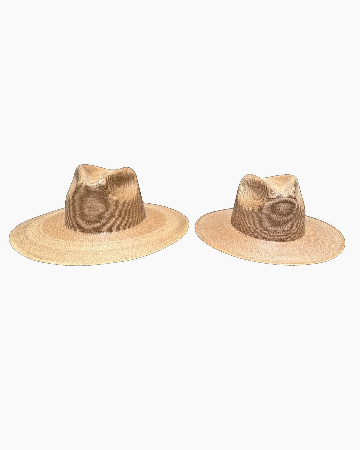 Two sizes of Explorer Fine Palm Hat Toasted Flat Brim on white background